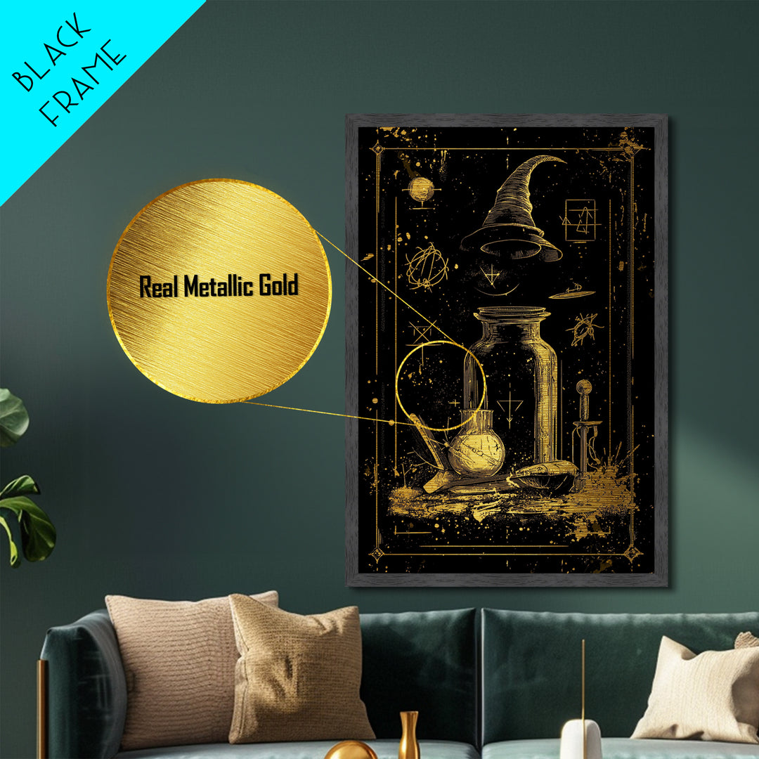 Witch Hat Potion Jar Metallic Gold Art Metal Art, Mystical Spooky Halloween Wall Print in Real Wood Framing