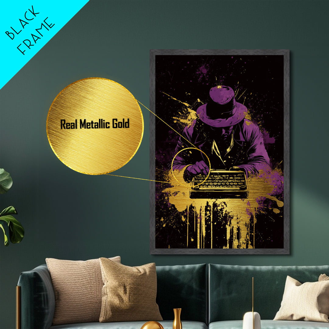 Noir Detective Writer Metallic Gold Art Metal Art, Spooky Halloween Mystery Decor with Solid Real Wood Frame