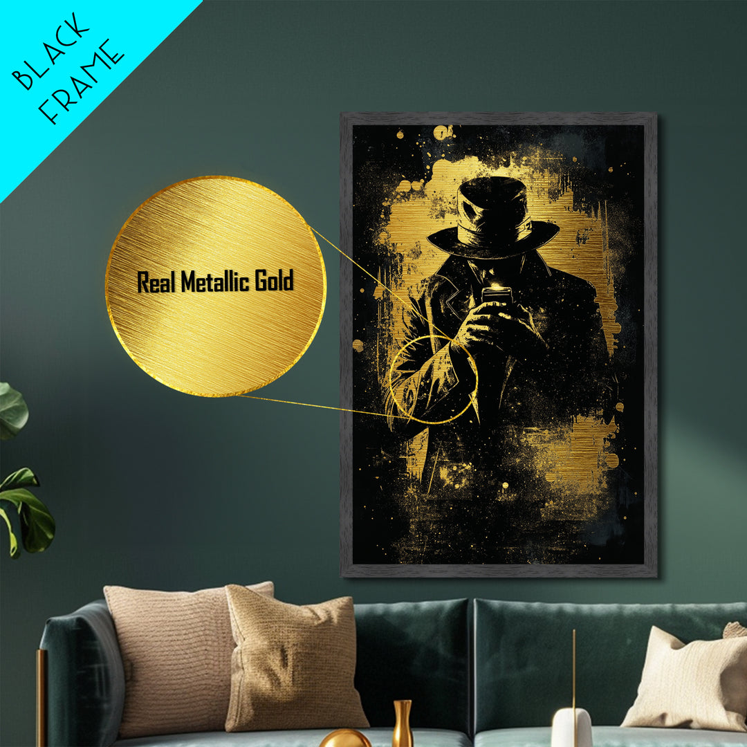 Creepy Hooded Detective Metallic Gold Art Metal Art, Haunted Noir Gothic Wall Art Halloween Style in Real Wood Frame