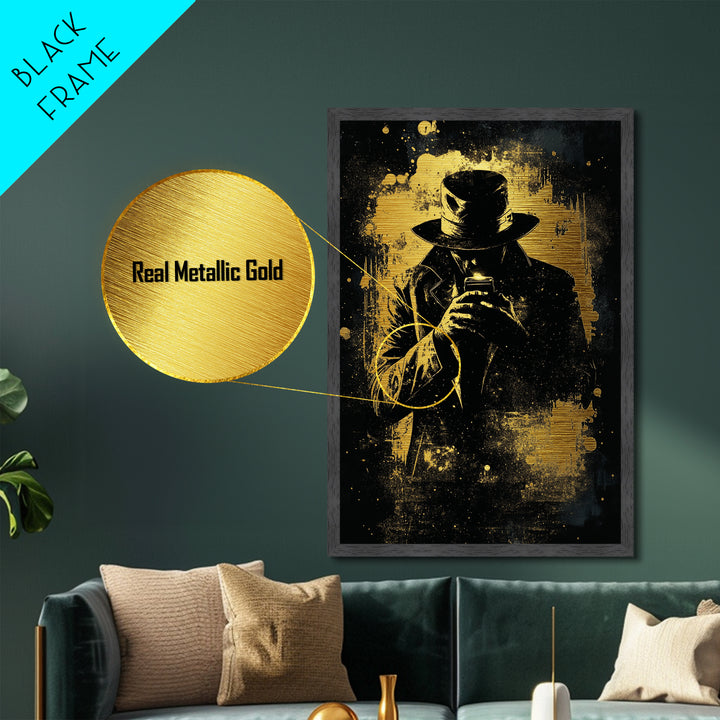 Creepy Hooded Detective Metallic Gold Art Metal Art, Haunted Noir Gothic Wall Art Halloween Style in Real Wood Frame
