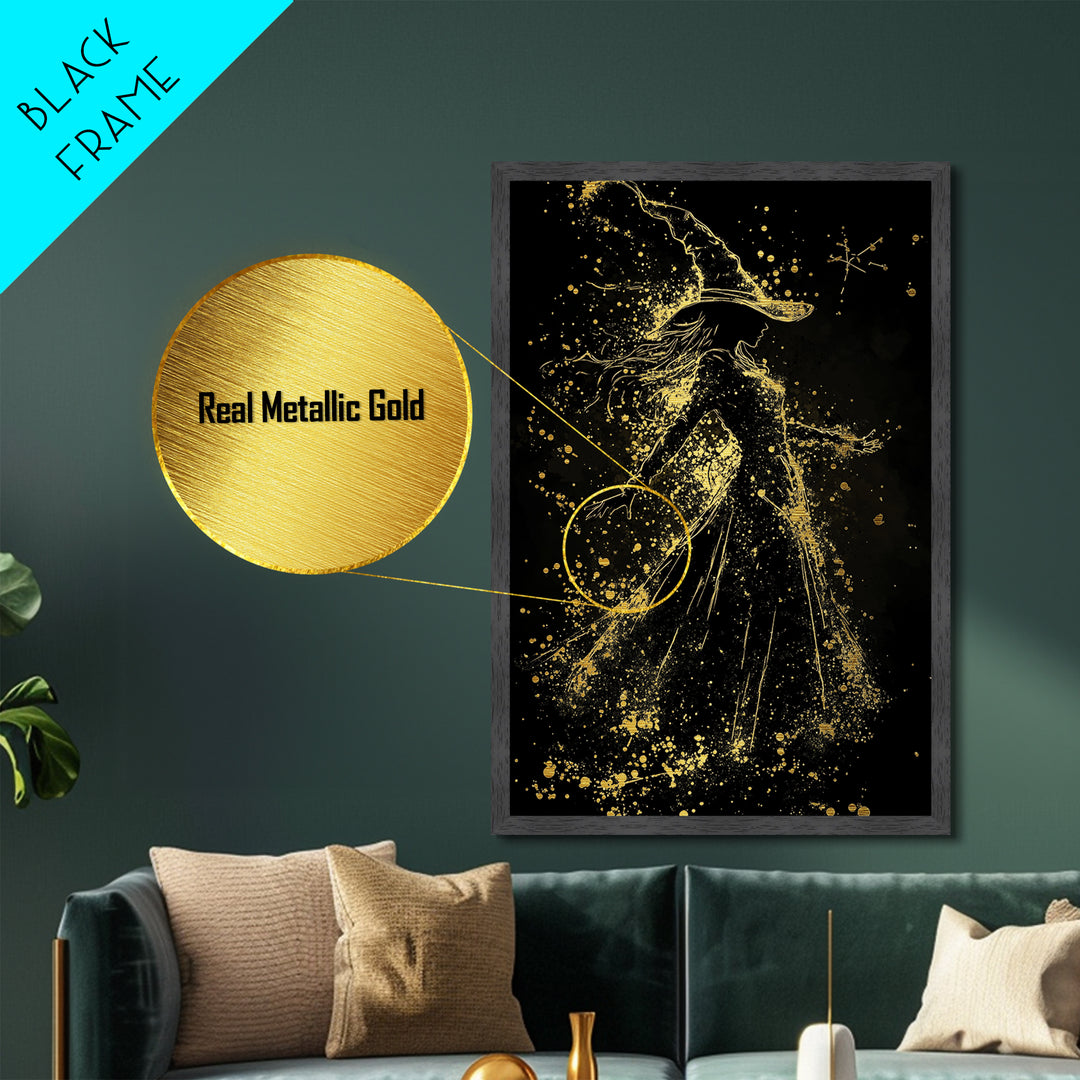 Witchy Woman Dancing Metallic Gold Art Metal Art, Enchanted Spooky Season Wall Print Framed in Genuine Wood