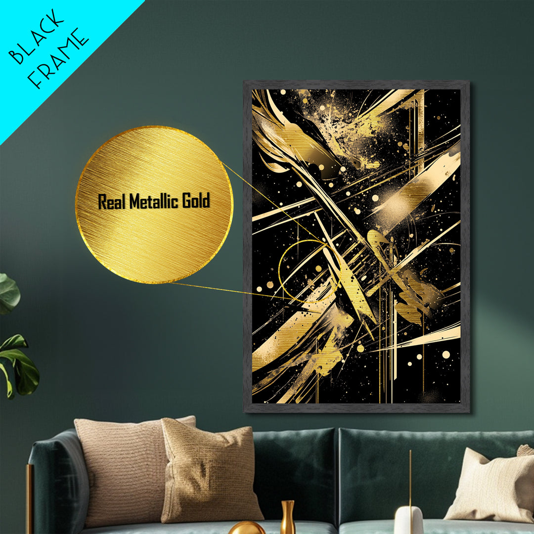 Abstract Haunted Geometry Metallic Gold Art Metal Art, Spooky Halloween Modern Gothic Wall Hanging with Real Wood Frame