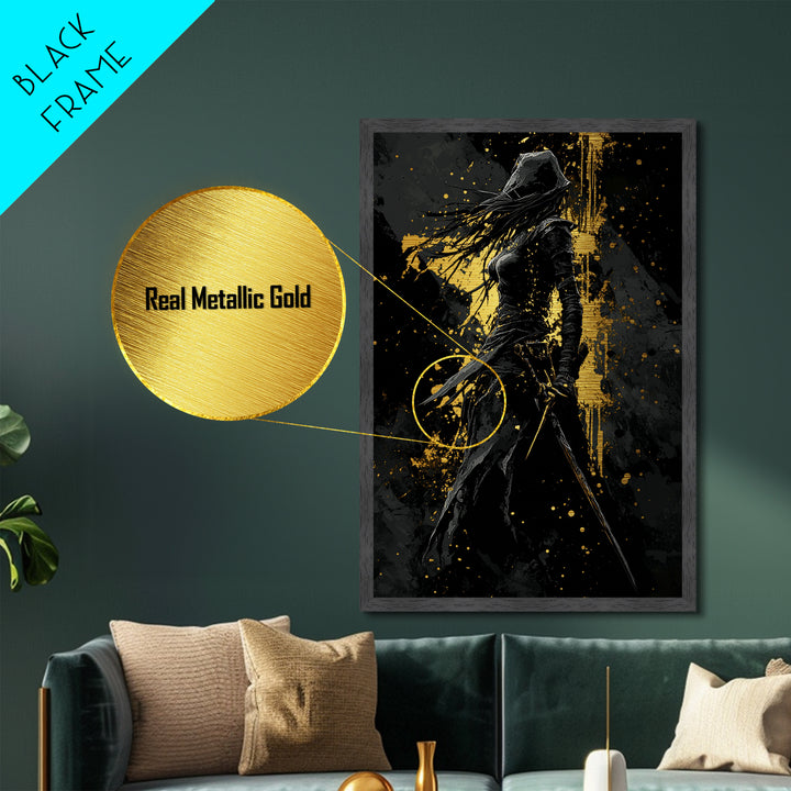 Dark Assassin Silhouette Metallic Gold Art Metal Art, Gothic Spooky Halloween Warrior Decor in a Real Wood Frame