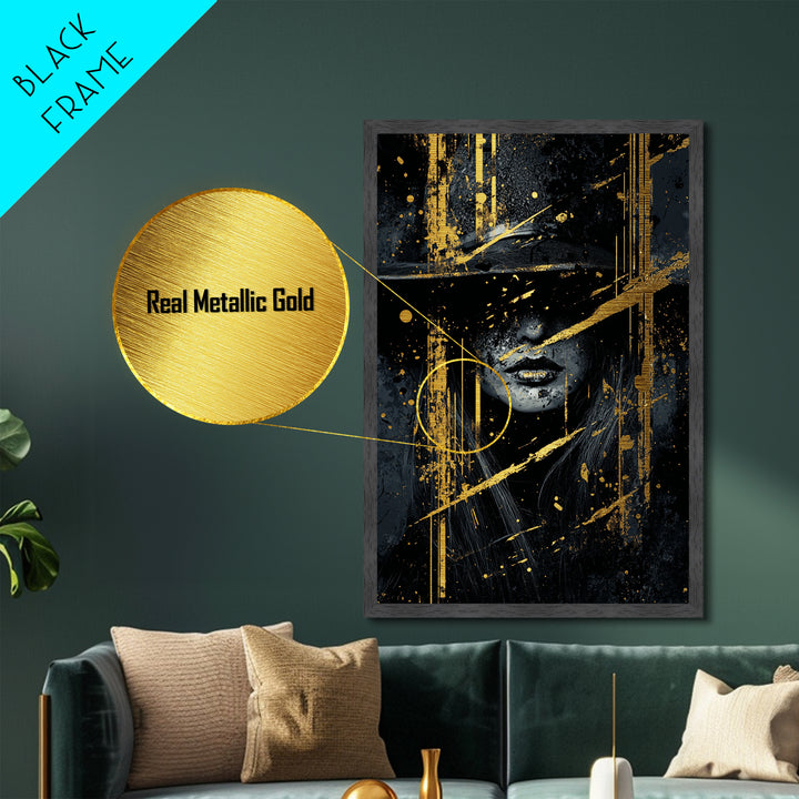 Haunted Witch Metallic Gold Art Metal Art, Gothic Horror Halloween Wall Print with Real Wood Frame Design