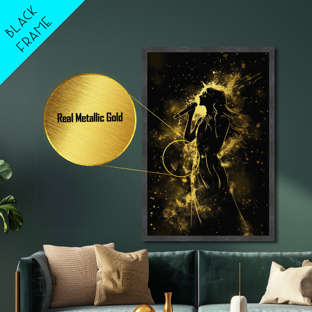 Singer in Starburst Gold Light – Metallic Gold Art, Spooky Halloween Metal Art with Real Wood Frame, Musical Halloween Wall Print