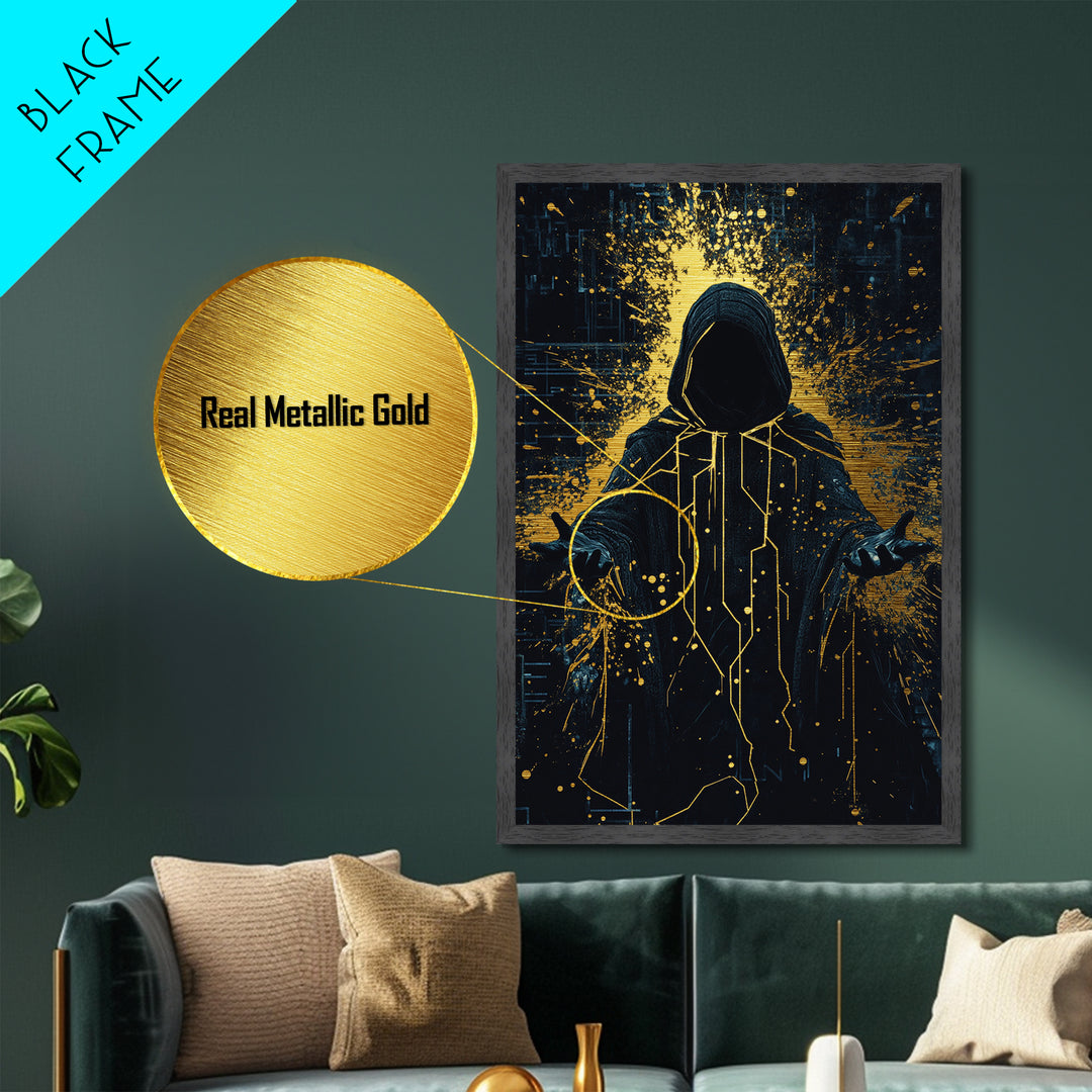 Hooded Cyber Mage Metallic Gold Art Metal Art, Futuristic Spooky Halloween Gothic Wall Art Framed in Solid Wood