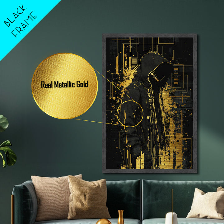 Hooded Phantom Wall Decor, Spooky Metallic Gold Art Metal Art for Halloween, Framed in Natural Real Wood Gothic Style