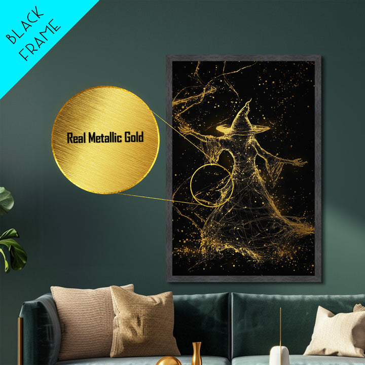 Witch Silhouette Casting Spells, Halloween Metallic Gold Art Metal Art with Real Wood Frame, Spooky Season Wall Decor