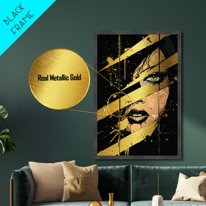 Creepy Woman’s Gaze with Claw Marks, Halloween Metallic Gold Art Metal Art, Spooky Wall Hanging in Real Wood Framed Design