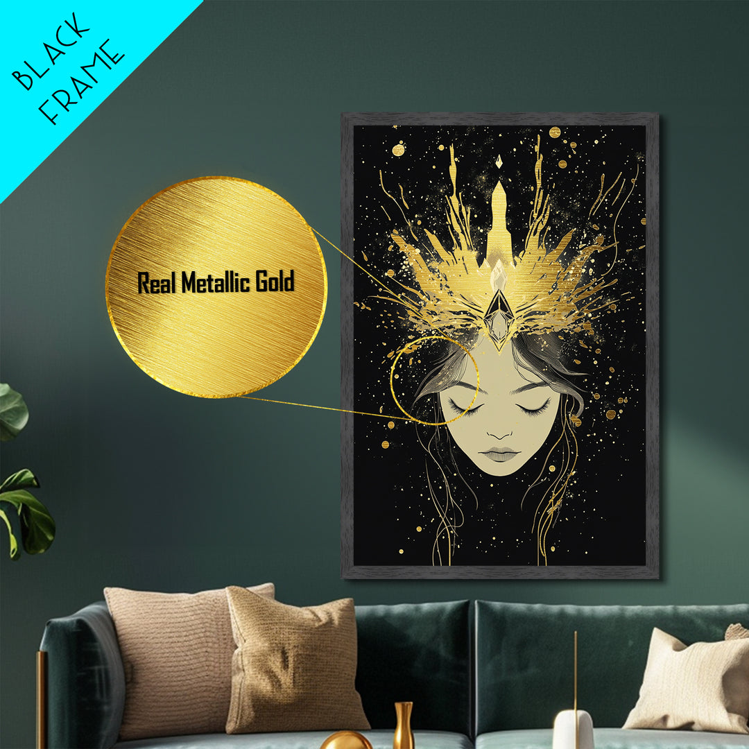 Crowned Sorceress Portrait, Halloween Metallic Gold Art Metal Art, Gothic Witchy Wall Decor in Natural Wood Frame