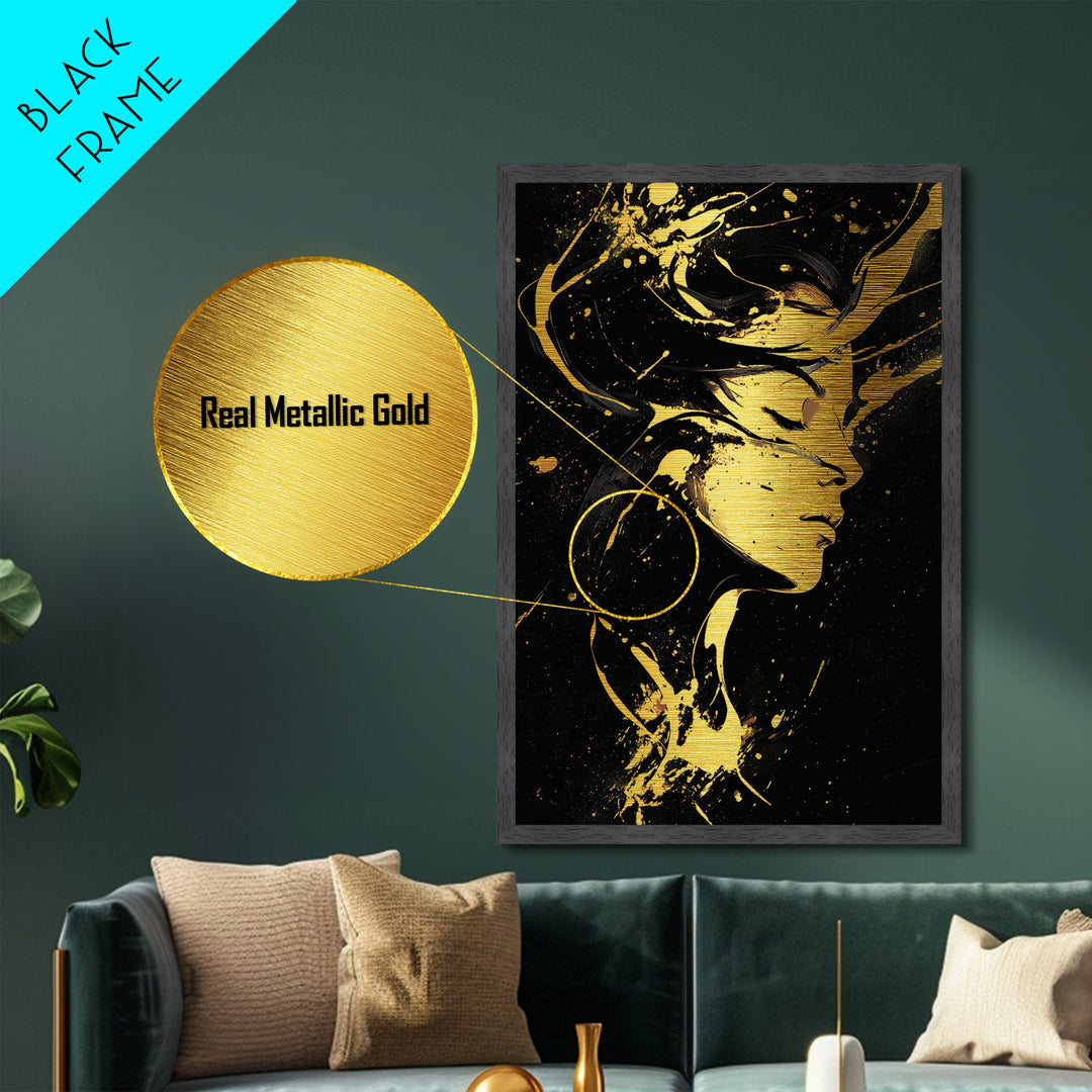 Haunted Woman in Golden Swirls, Halloween Metallic Gold Art Metal Art, Gothic Spooky Season Wall Hanging with Real Wood Frame