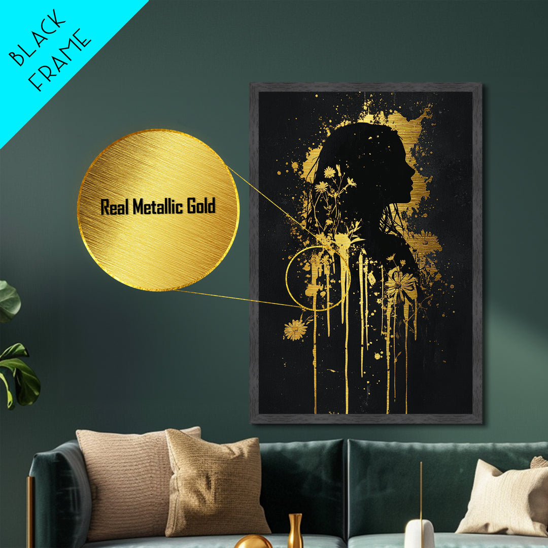 Silhouette with Flowers, Gothic Metallic Gold Art Metal Art for Halloween Wall Decor, Spooky Season Portrait in Real Wood Frame