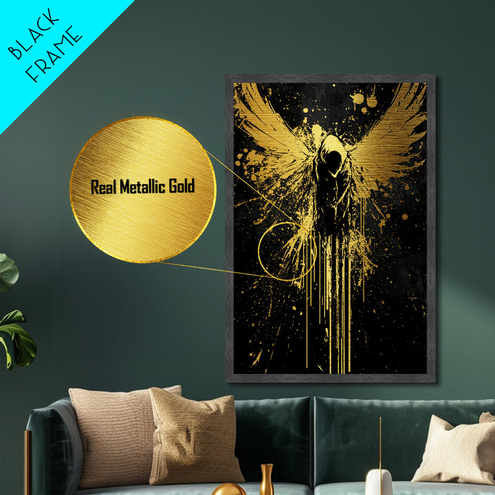 Dark Angel with Wings Spread, Halloween Metallic Gold Art Metal Art, Spooky Gothic Wall Hanging in Framed Real Wood Design