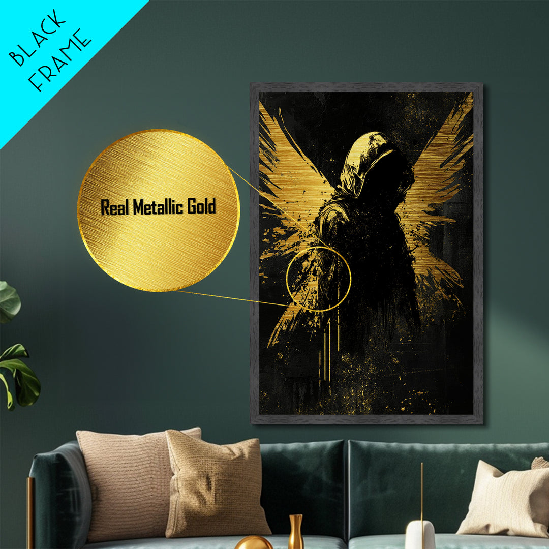 Shadowy Winged Figure, Gothic Metallic Gold Art Metal Art for Haunted Wall Decor, Halloween Spooky Artwork in Real Wood Frame