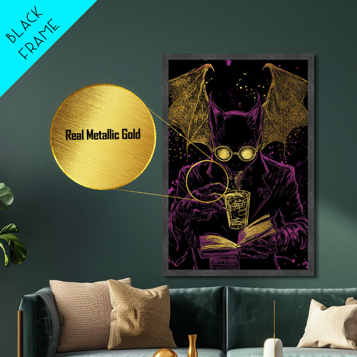Bat Demon in Suit with Book – Metallic Gold Art, Spooky Vampire Metal Art with Real Wood Frame, Halloween Gothic Wall Decor