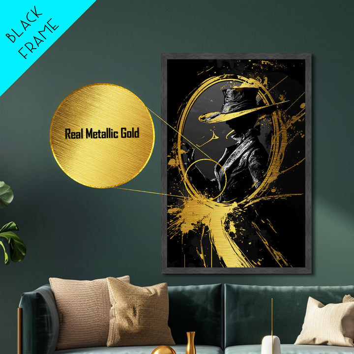 Haunted Hat Silhouette in Oval Frame, Spooky Halloween Metallic Gold Art Metal Art, Gothic Wall Hanging with Real Wood Frame