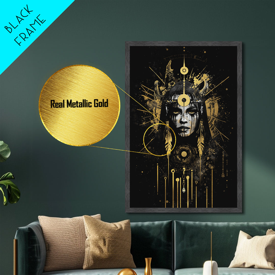 Creepy Skull Playing Cards Scene, Metallic Gold Art Metal Art Print, Framed in Natural Wood, Spooky Skeleton Poker Artwork