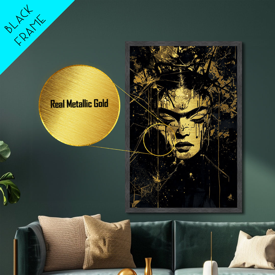 Dark Gothic Face with Crown, Horror Metallic Gold Art Metal Art, Framed Spooky Halloween Portrait in Authentic Wood Frame