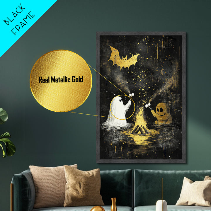 Abstract Black and Gold Woman’s Face, Witchy Metallic Gold Art, Spooky Season Metal Art with Real Wood Frame for Decor
