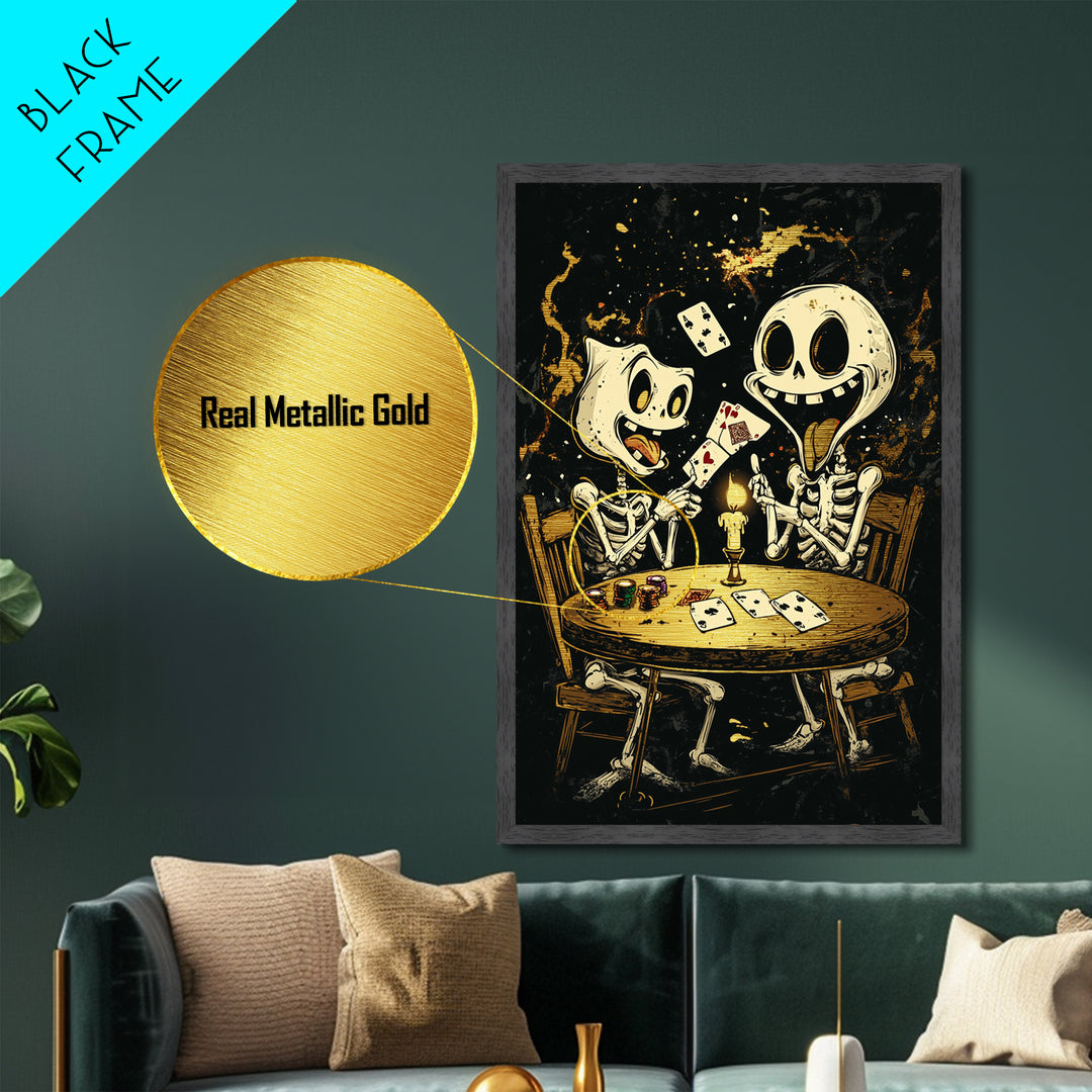 Eerie Shrouded Skeleton Holding Chess Piece, Metallic Gold Art, Spooky Gothic Metal Art Wall Hanging with Wood Frame