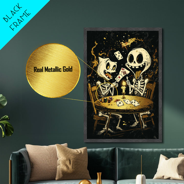 Eerie Shrouded Skeleton Holding Chess Piece, Metallic Gold Art, Spooky Gothic Metal Art Wall Hanging with Wood Frame