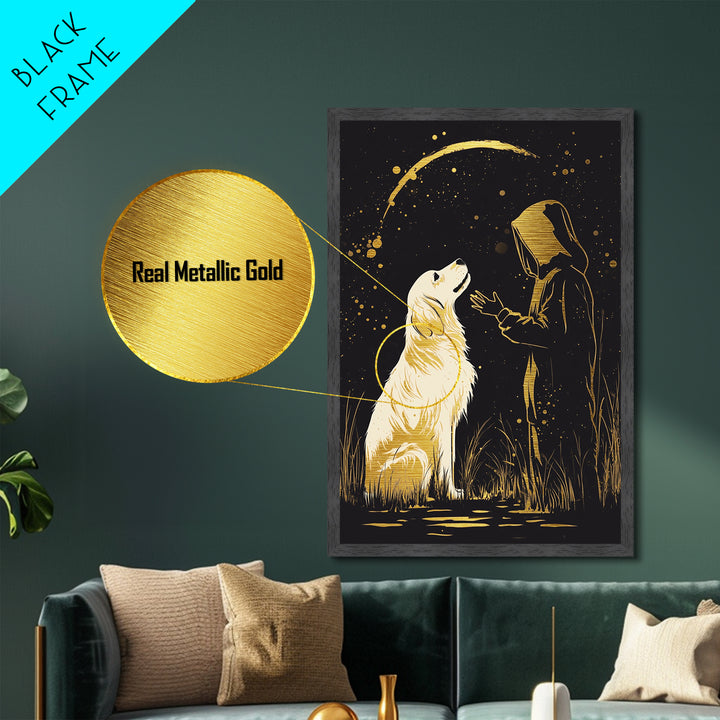 Ghostly Figure in Splattered Gold, Metallic Gold Art Metal Art Print, Framed Halloween Horror Scene in Natural Wood Frame