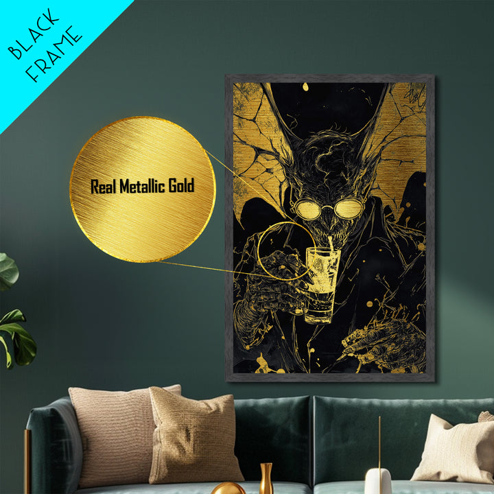 Gold Splatter Demon with Drink – Metallic Gold Art, Halloween Horror Metal Art in Real Wood Frame, Gothic Vampire Wall Print