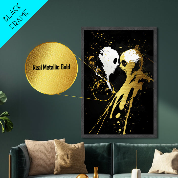Haunted Ghost Kiss Metallic Gold Art Metal Art Spooky Halloween Wall Decor framed in natural real wood gothic home accent