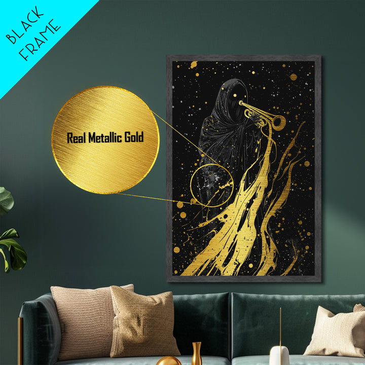 Reaper with Trumpet Metallic Gold Art Metal Art Spooky Halloween Gothic Wall Art in solid real wood frame horror wall décor