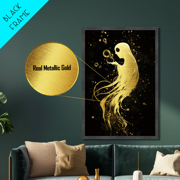 Floating Spirit with Bubbles Metallic Gold Art Metal Art Halloween Spooky Season Décor framed in authentic real wood wall art