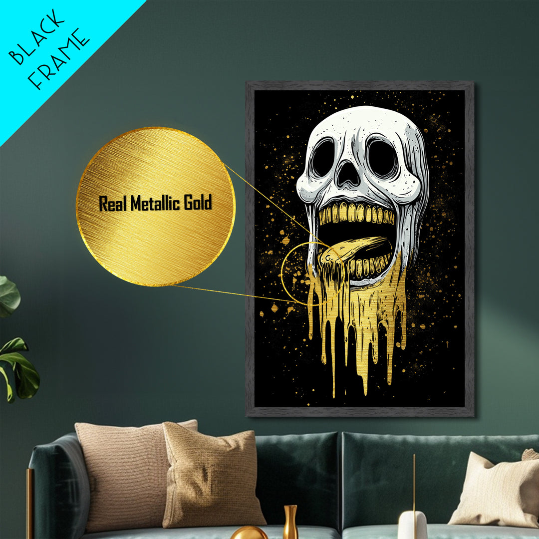 Melting Skull Horror Metallic Gold Art Metal Art Gothic Halloween Creepy Wall Hanging in rustic real wood frame spooky décor