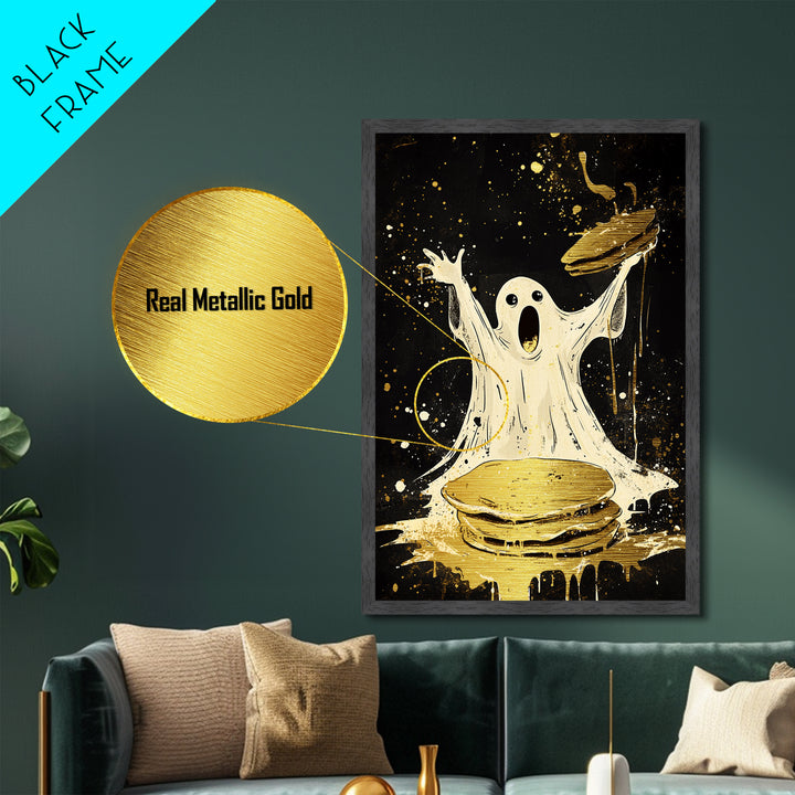 Ghost Pancake Breakfast Metallic Gold Art Metal Art Spooky Halloween Wall Décor framed in natural real wood playful haunted art
