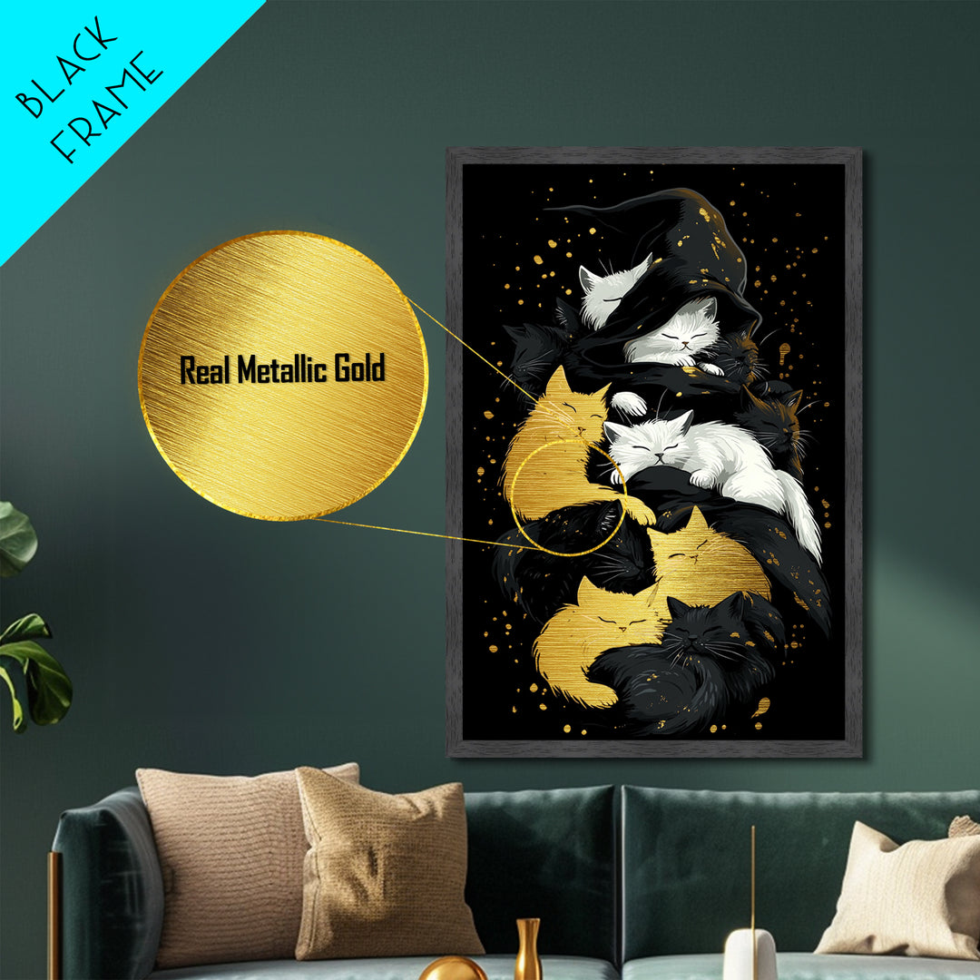 Witchy Cats Nap Metallic Gold Art Metal Art Halloween Gothic Feline Spooky Wall Decor framed with handcrafted real wood frame