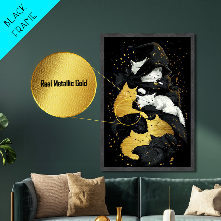 Witchy Cats Nap Metallic Gold Art Metal Art Halloween Gothic Feline Spooky Wall Decor framed with handcrafted real wood frame