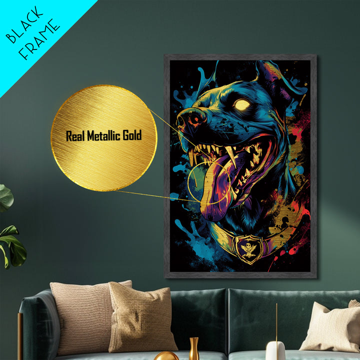Hellhound Portrait Metallic Gold Art Metal Art Gothic Halloween Creepy Wall Art framed in real wood handmade spooky décor accent