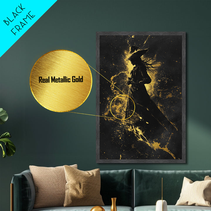 Elegant Witch Silhouette in Gold Explosion – Metallic Gold Art, Halloween Metal Art with Real Wood Frame, Spooky Sorceress Decor
