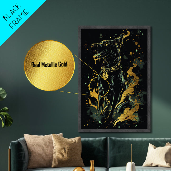 Black Dog Guardian Metallic Gold Art Metal Art Spooky Halloween Gothic Horror Décor framed in natural real wood haunted artwork