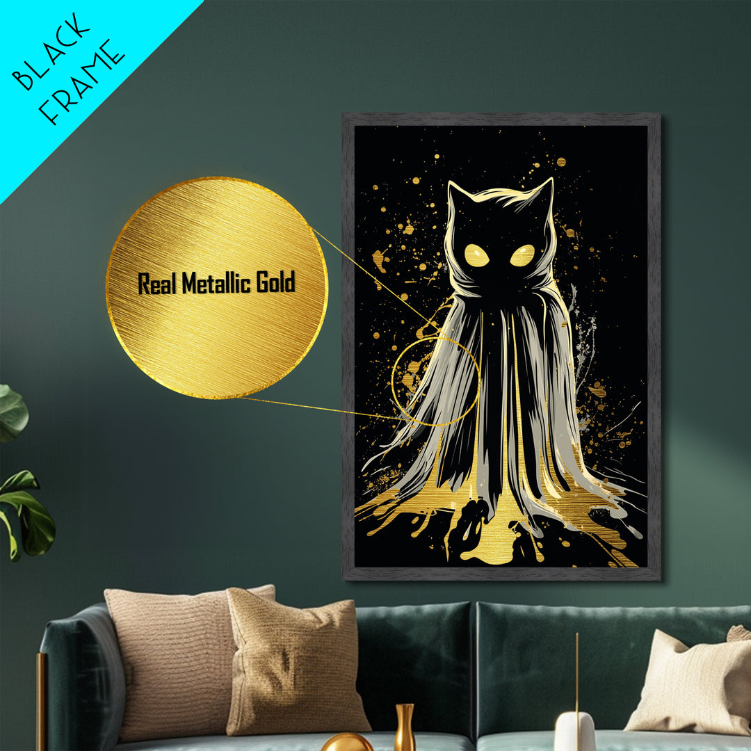 Haunted Cat Cloaked In Shadows Metallic Gold Art Metal Art | Spooky Halloween Wall Decor Framed In Natural Real Wood