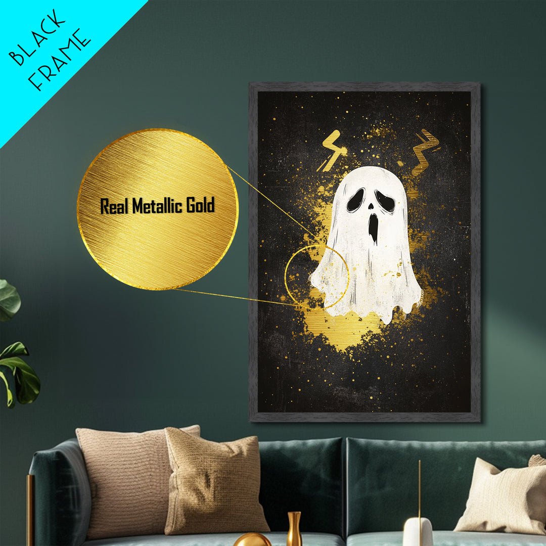 Ghostly Scream Metallic Gold Art Metal Art | Horror Halloween Wall Art With Real Wood Frame Gothic Haunted Decor