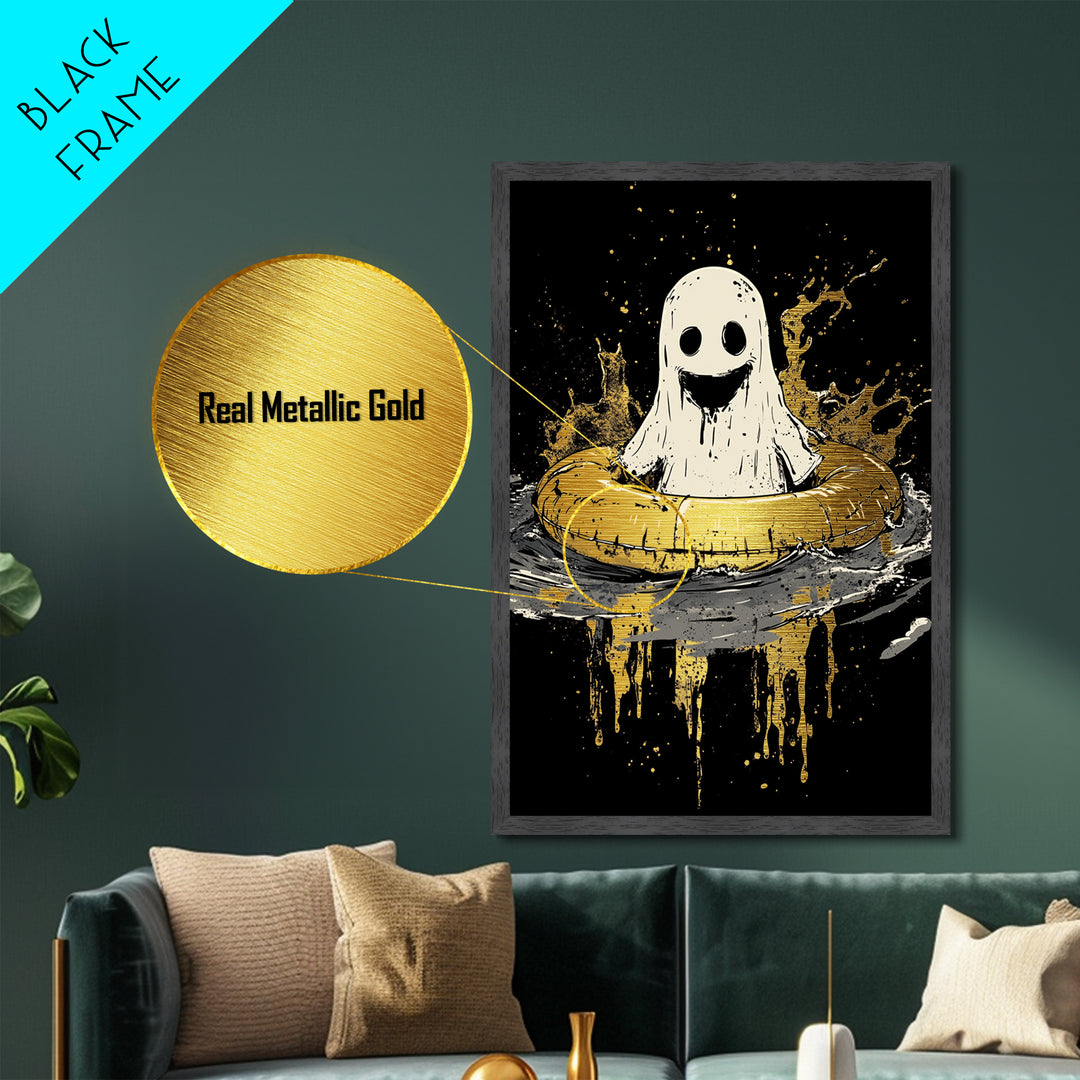 Smiling Ghost In Inner Tube Metallic Gold Art Metal Art | Creepy Cute Halloween Artwork Framed In Handcrafted Wood
