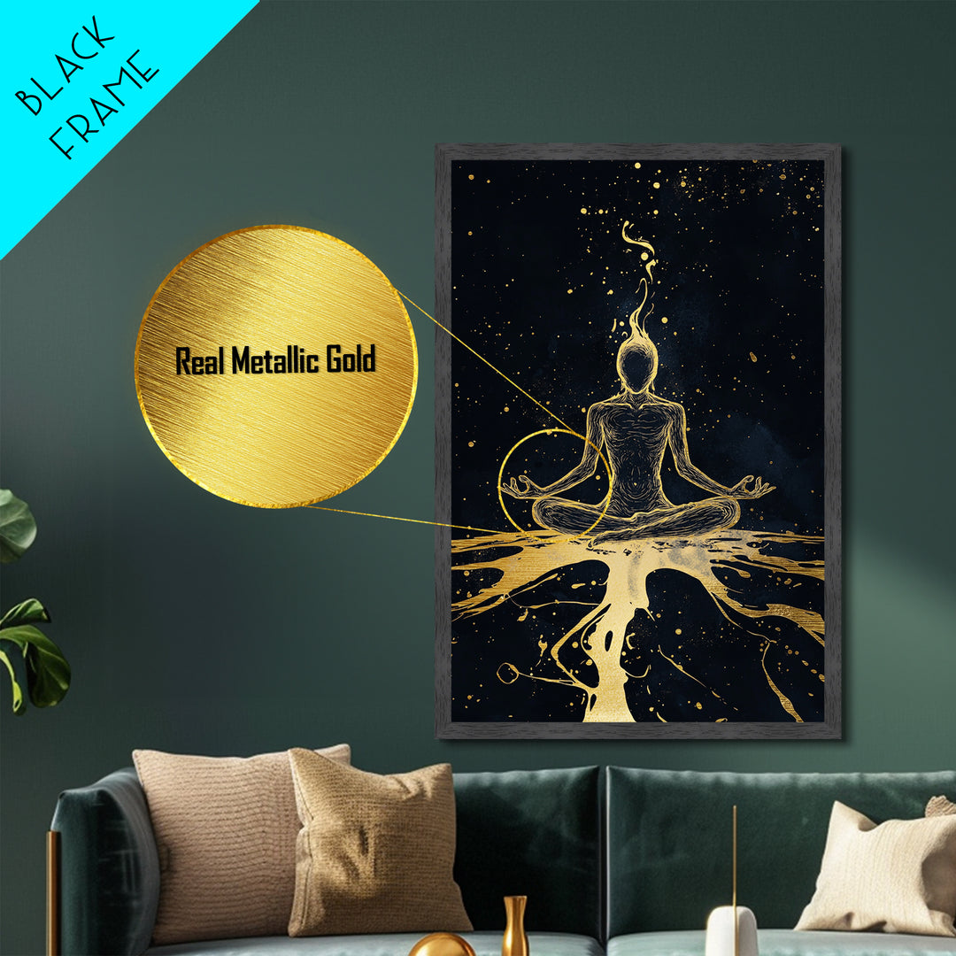Mystical Meditation Figure Metallic Gold Art Metal Art | Spooky Season Witchy Decor In Real Wood Frame Cosmic Gothic