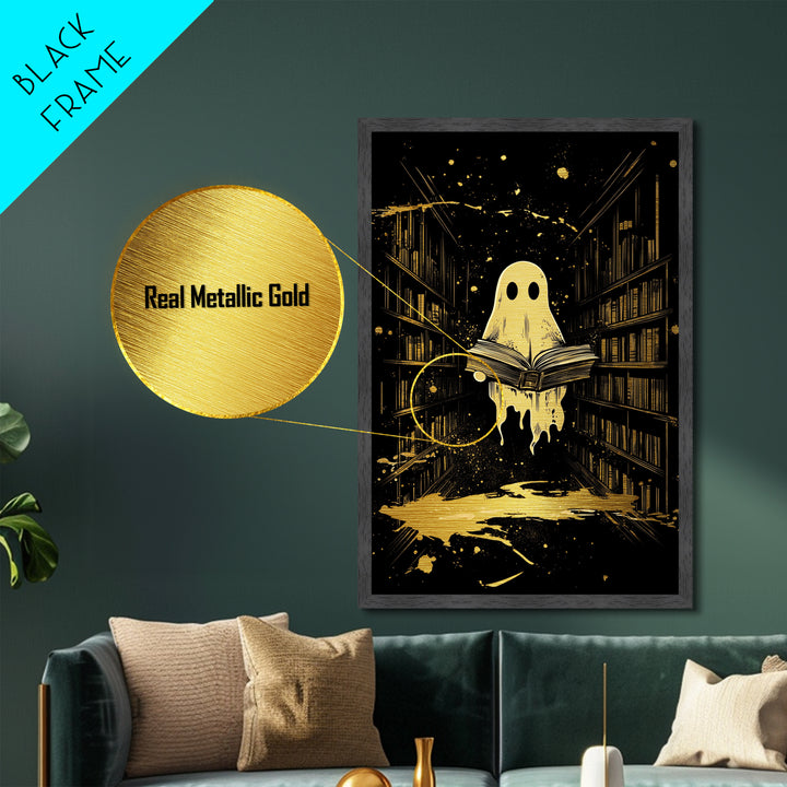 Ghost Reading In Haunted Library Metallic Gold Art Metal Art | Spooky Bookish Wall Art Framed In Solid Natural Wood