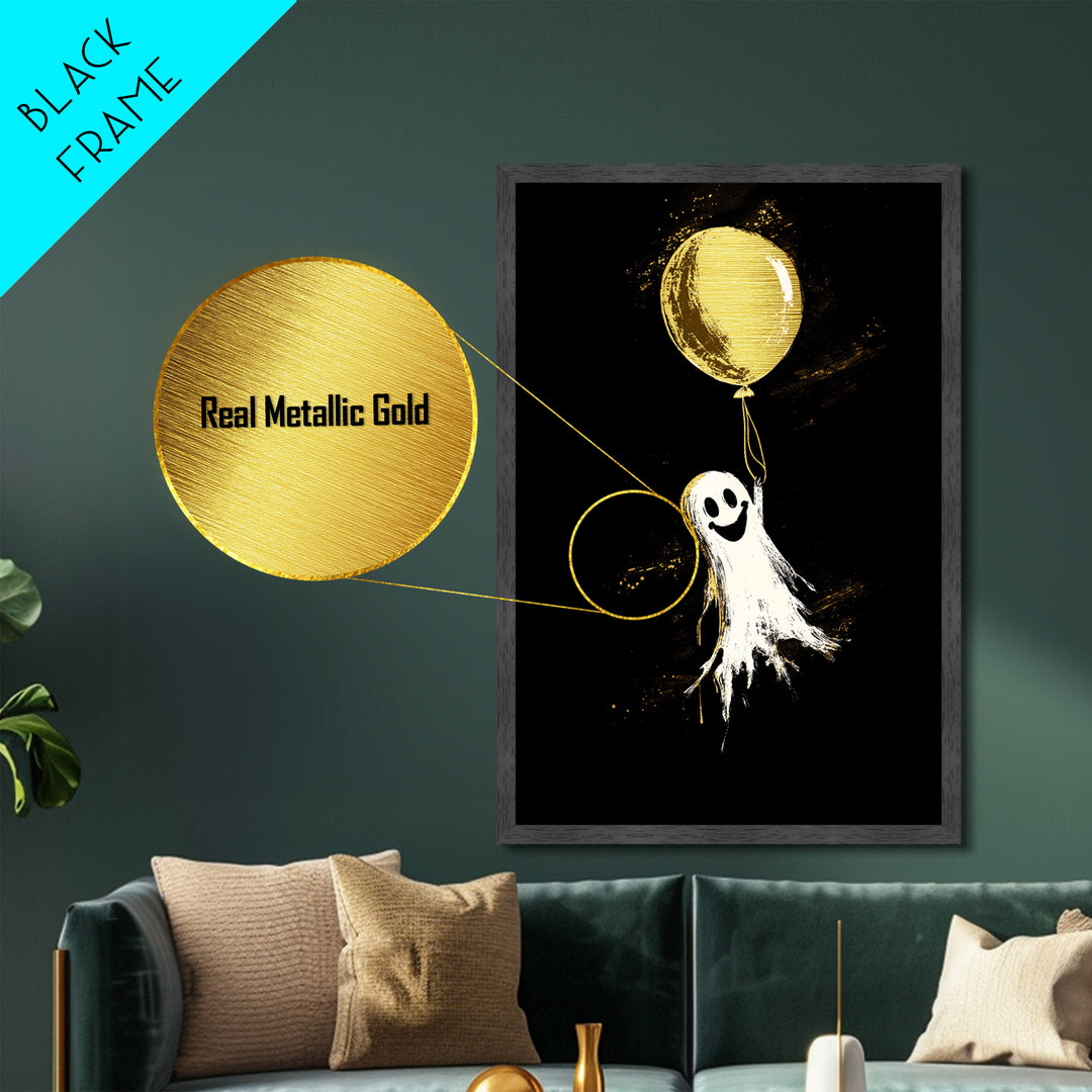 Playful Ghost With Balloon Metallic Gold Art Metal Art | Whimsical Spooky Season Halloween Artwork Real Wood Frame
