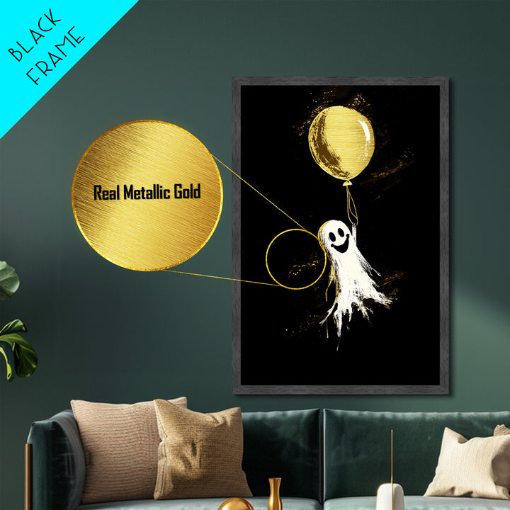 Playful Ghost With Balloon Metallic Gold Art Metal Art | Whimsical Spooky Season Halloween Artwork Real Wood Frame