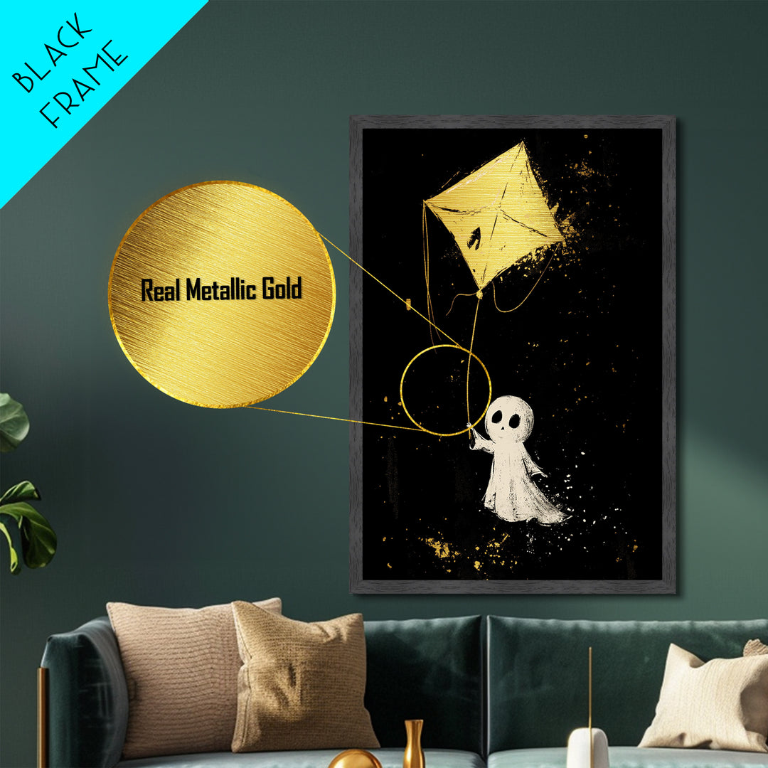 Sweet Ghost Flying A Kite Metallic Gold Art Metal Art | Cute Haunted Halloween Wall Art Framed In Rustic Real Wood