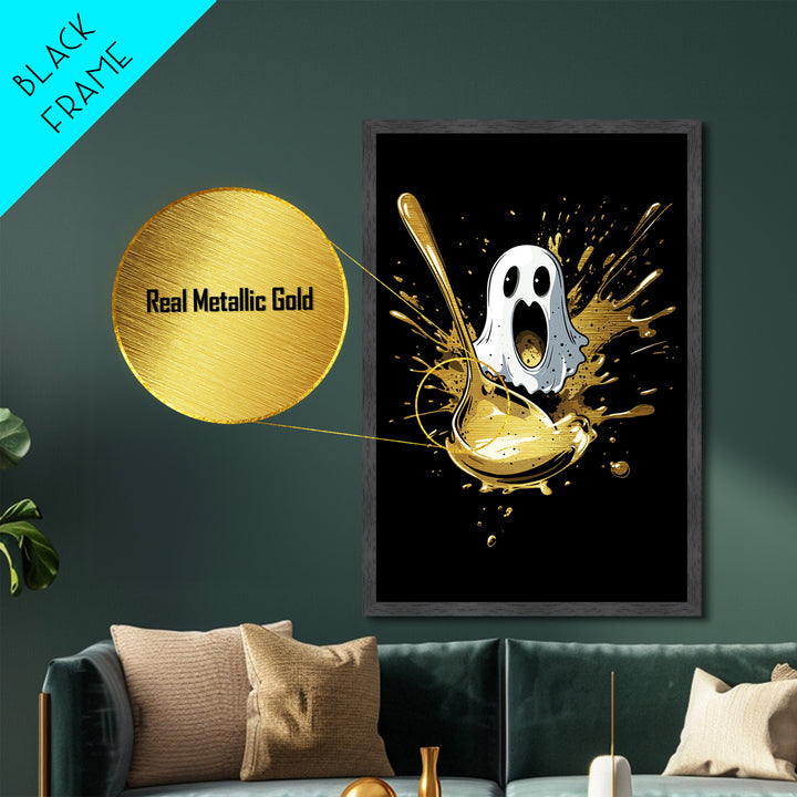 Spooky Ghost And Golden Spoon Metallic Gold Art Metal Art | Creepy Halloween Kitchen Wall Decor Framed In Real Wood
