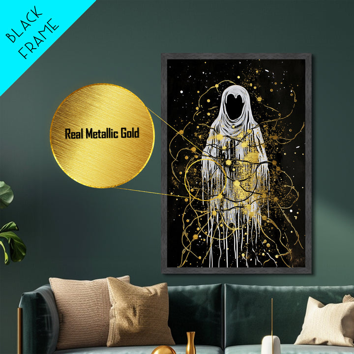 Haunted Spirit Wrapped In Lights Metallic Gold Art Metal Art | Gothic Spooky Season Wall Decor Real Wood Frame Finish