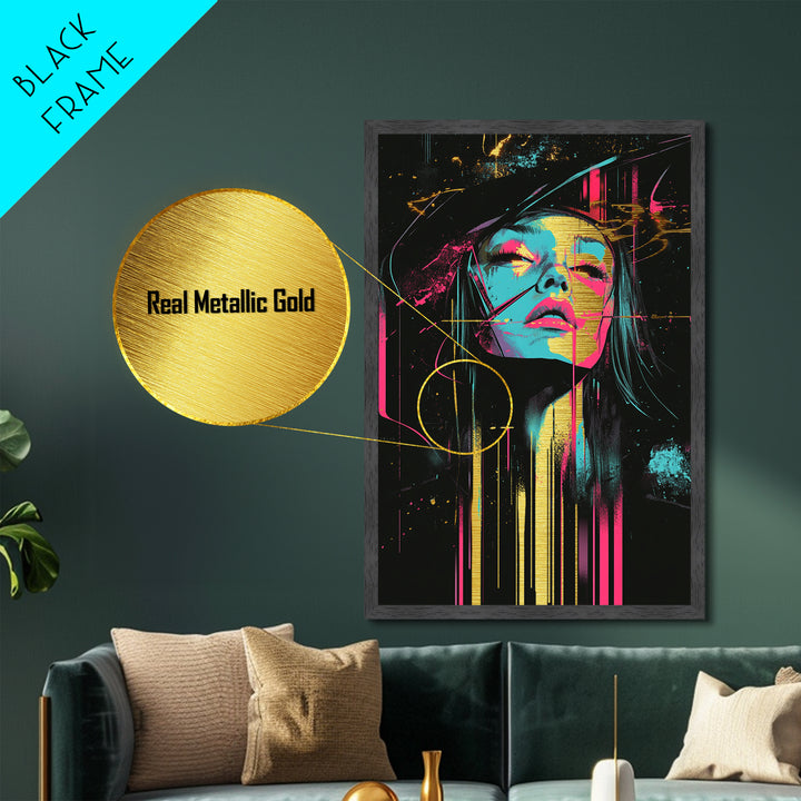 Neon Witch Portrait with Abstract Lines – Metallic Gold Art, Halloween Metal Art in Real Wood Frame, Psychedelic Spooky Decor