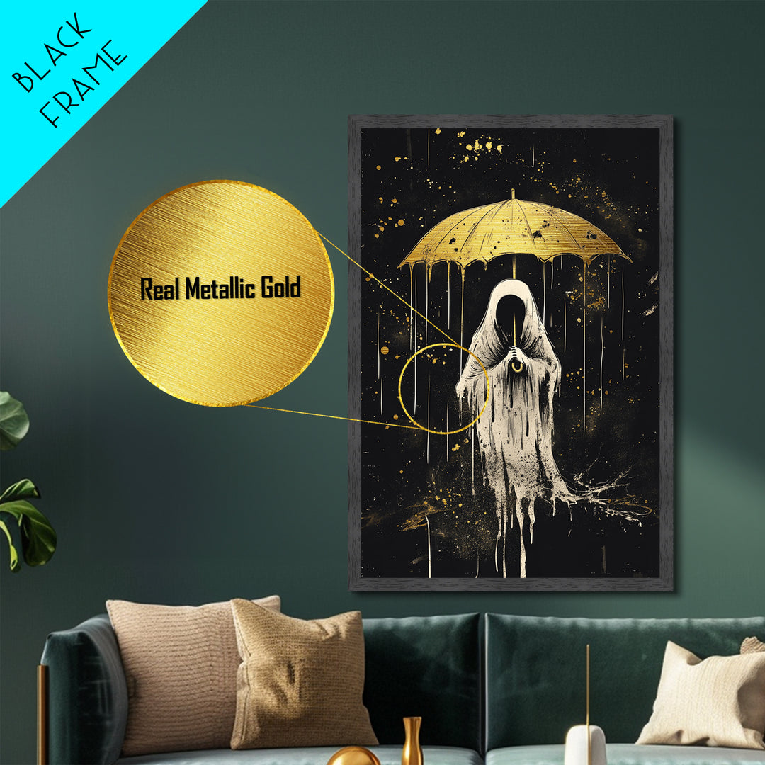 Ghostly Figure With Umbrella Metallic Gold Art Metal Art | Dark Creepy Halloween Wall Art Framed In Authentic Wood