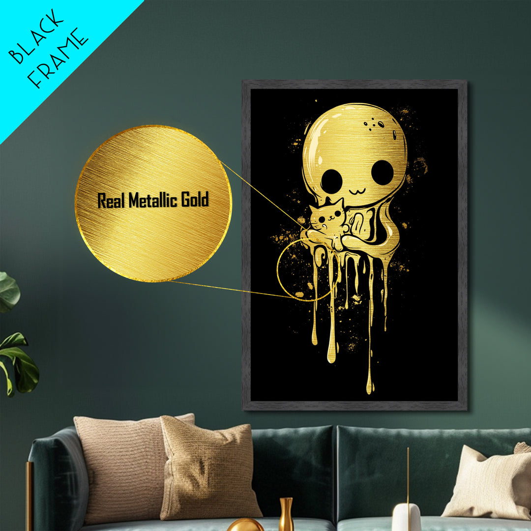 Haunted Cute Ghost Cat Metallic Gold Art, Spooky Halloween Metal Art With Natural Wood Frame, Creepy Cute Goth Home Decor